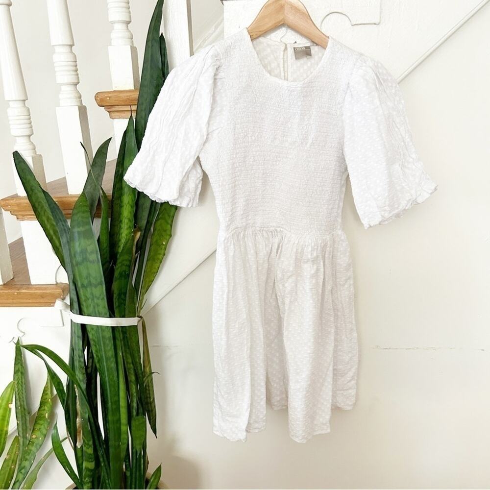 ASOS White Short Sleeve Round Neck Shirred Cotton Sheath Dress Size 4